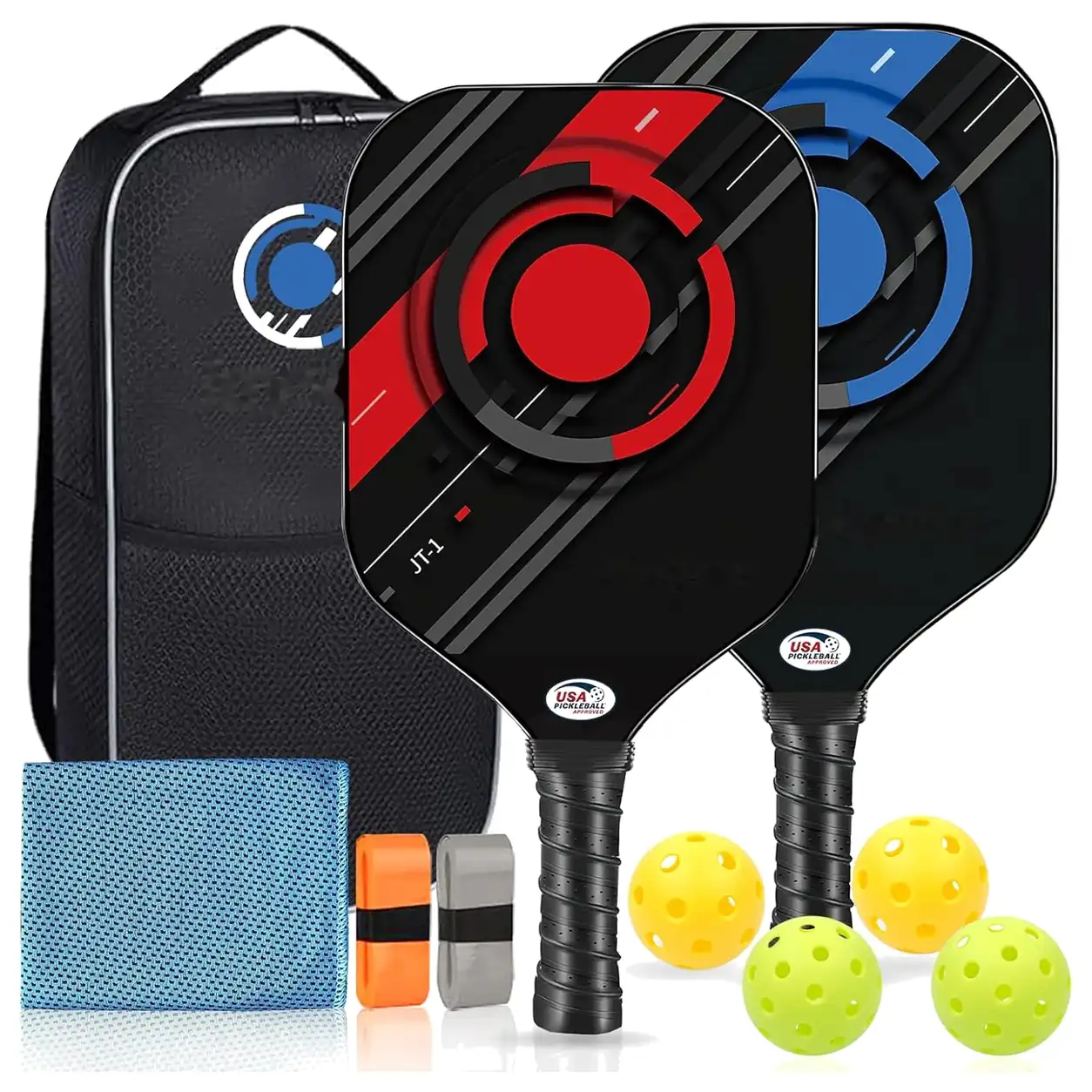 Target paddle set: red and blue paddles with a bag, balls, towel and overgrips