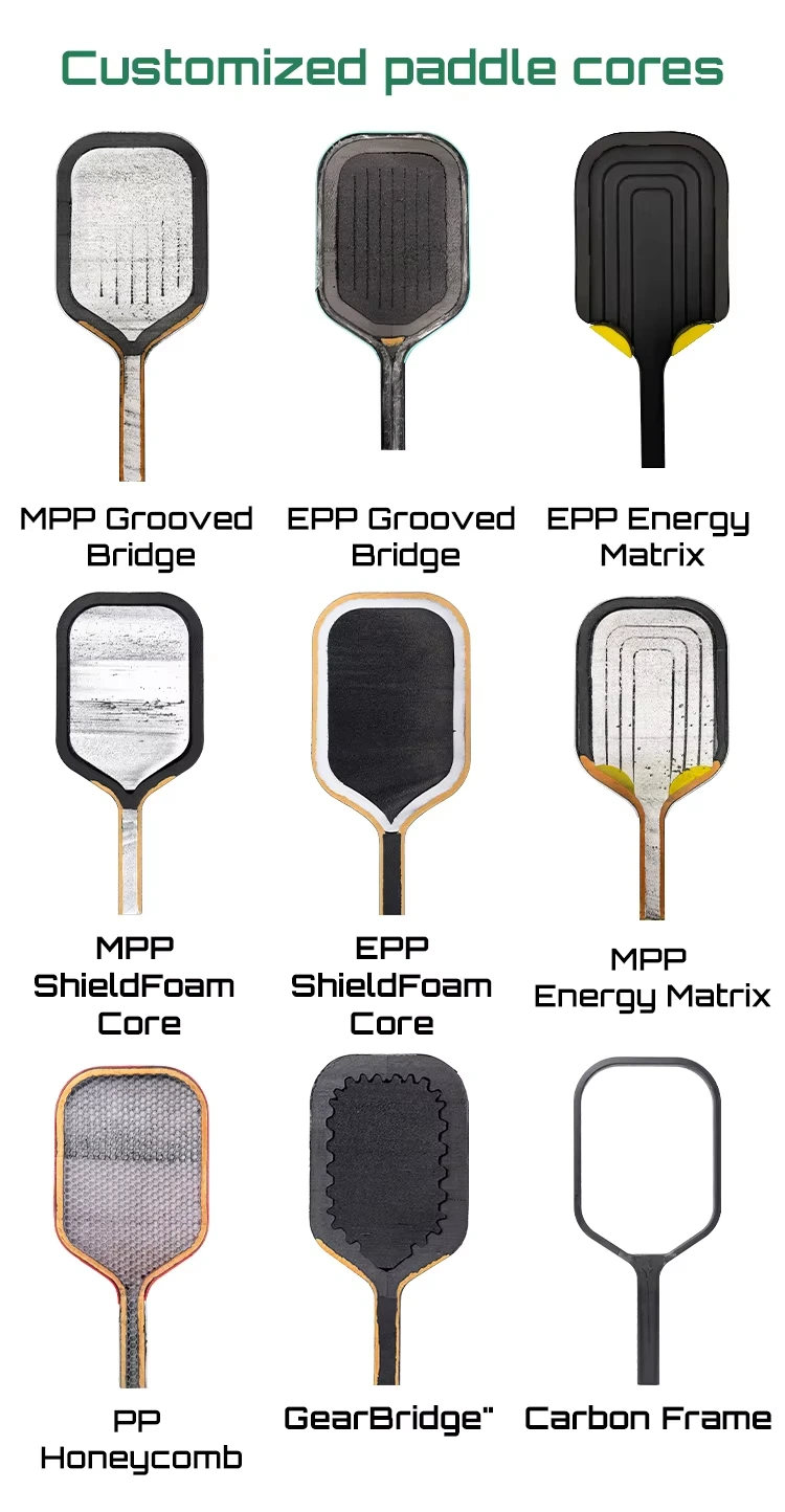 Diagram of six foam core structures, including grooved bridge, ShieldFoam and energy matrix cores